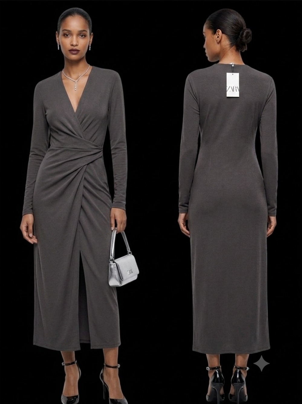 Zara Charcoal Gray Long-Sleeve Wrap Midi Dress